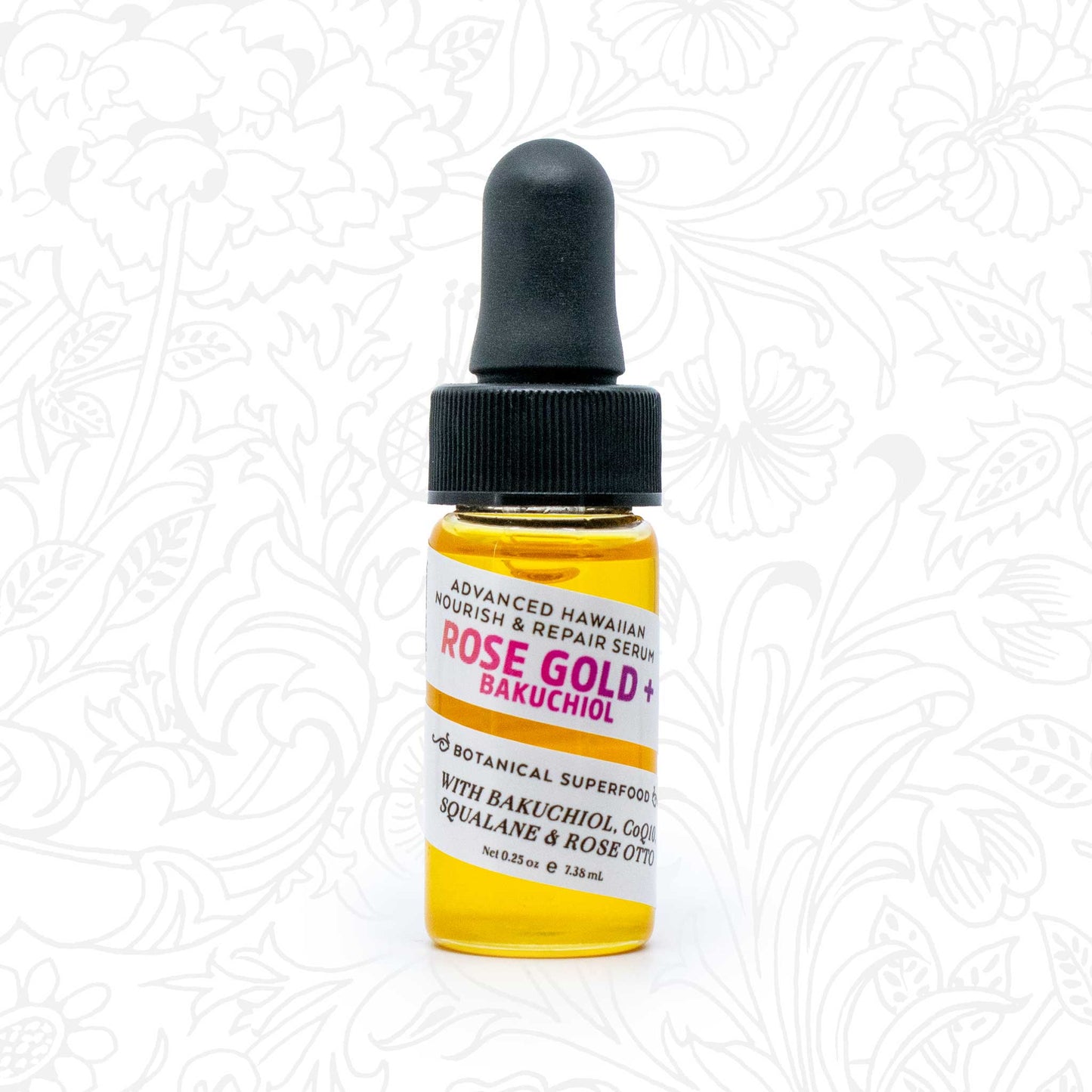 Bottle 0.25 oz of Rose Gold + Bakuchiol serum with dropper on a white botanical patterned background