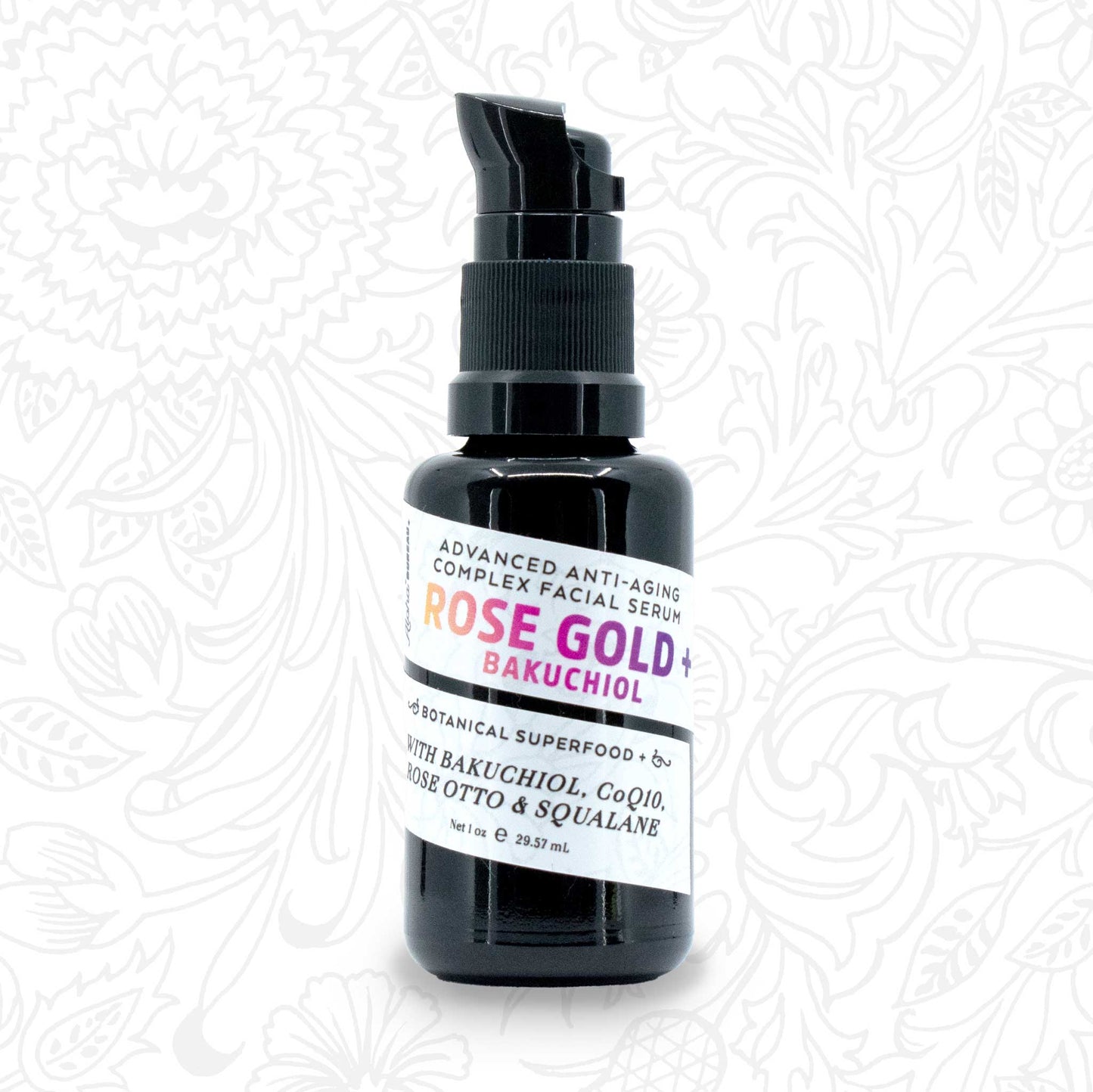 Rose Gold + Bakuchiol 1oz serum bottle with a botanical patterned background