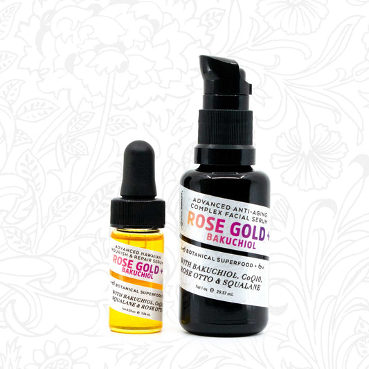 Two bottles different sizes of Rose Gold Bakuchiol serum on a white background