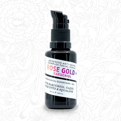 Rose Gold + Bakuchiol 1oz serum bottle with a botanical patterned background