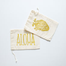 Load image into Gallery viewer, Artisan Block Printed Cotton Muslin Bag - Aloha and Anatomical Heart 