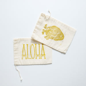 Artisan Block Printed Cotton Muslin Bag - Aloha and Anatomical Heart 